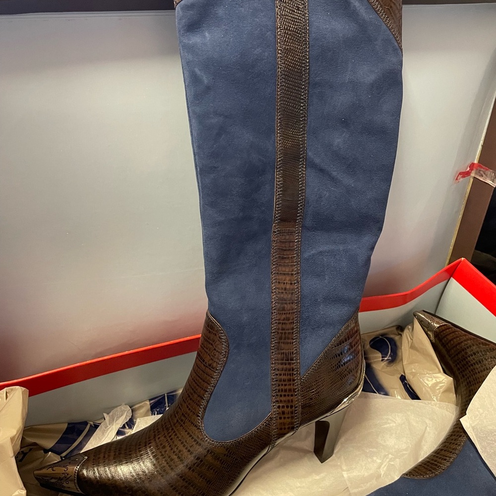 Elegant Blue and Brown Knee-High Women's Boots